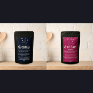 Two tins of Dream Powder sleep supplement — Hot Chocolate and Berry flavours